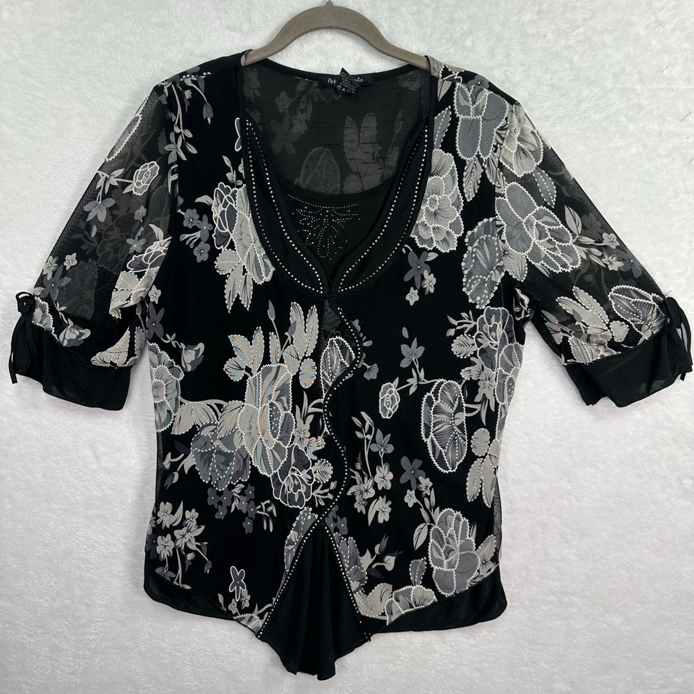 Appointments Top Womens 1X Black Floral Mesh Sheer Layered Rhinestone SY-03X